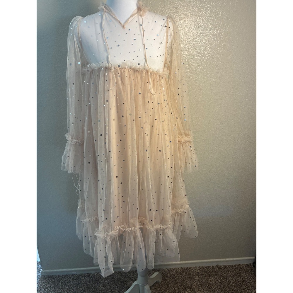 Celestial Star Moon Mesh Babydoll Dress Peach Tulle Ruffle Mini Medium